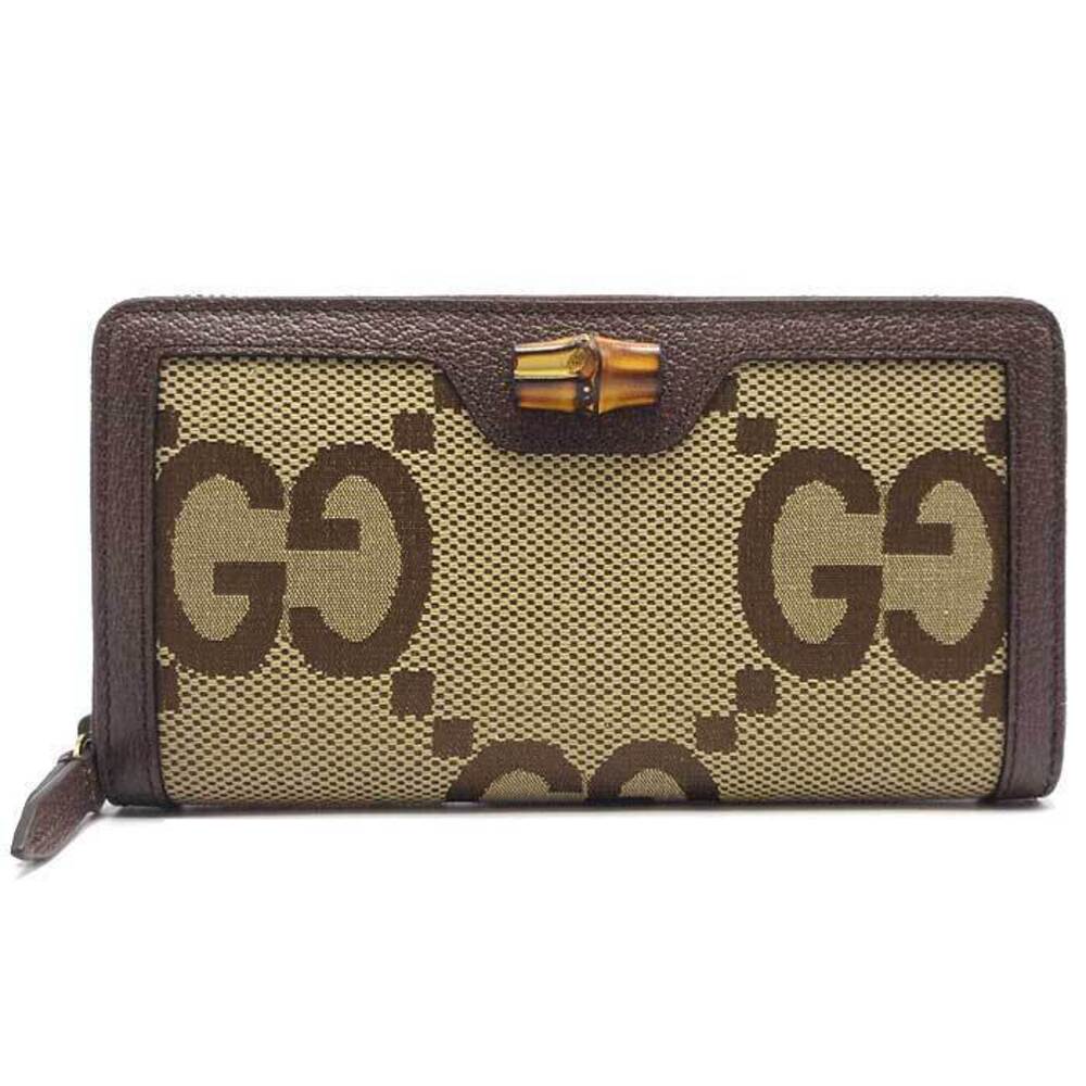 Gucci Brown Wallet Canvas Line Tan GG Long Bamboo Jumbo Beige Diana